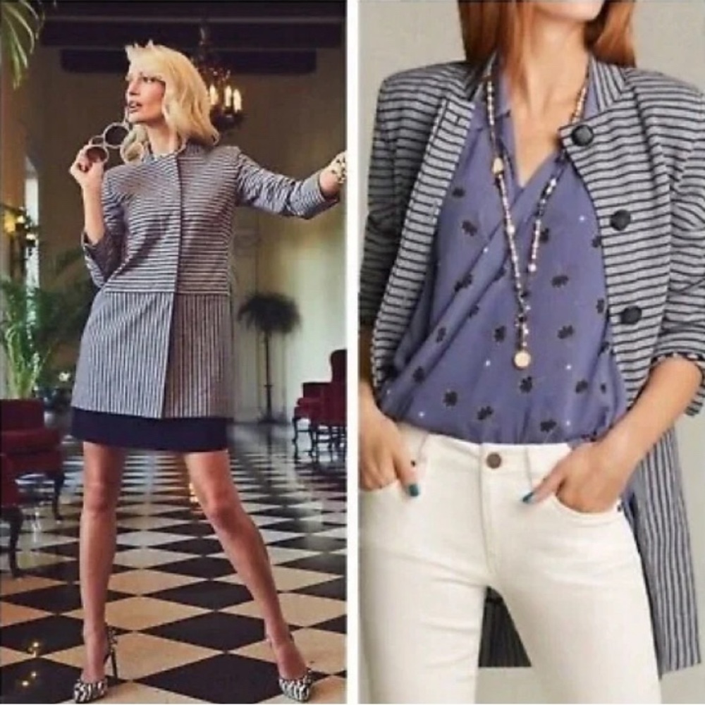 CAbi 5474 Dappled Stripe Blazer Car Coat Jacket Blue Gray Longline Stretch Large